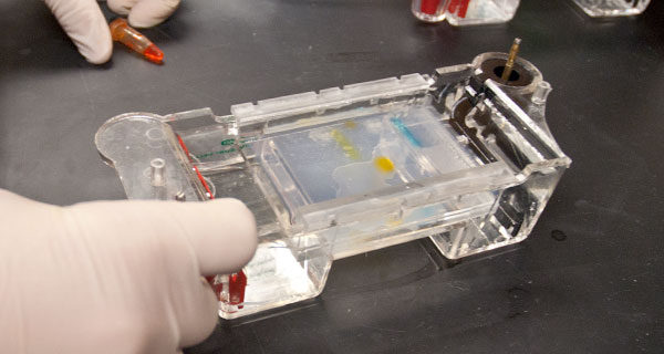 A BTP trainee uses a gel box.